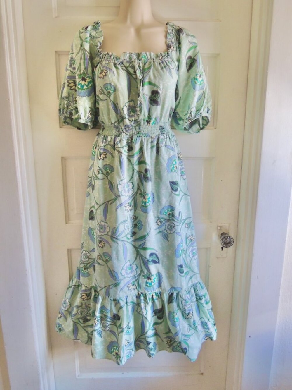 LOFT Green Floral Puff Sleeve Smock Waist Ruffle Hem Cottagecore Dress L